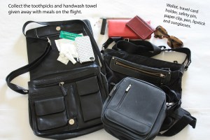 My three favourite travelling handbags. The lightest is the Agnes b, virtually indestructible with three zip sections.